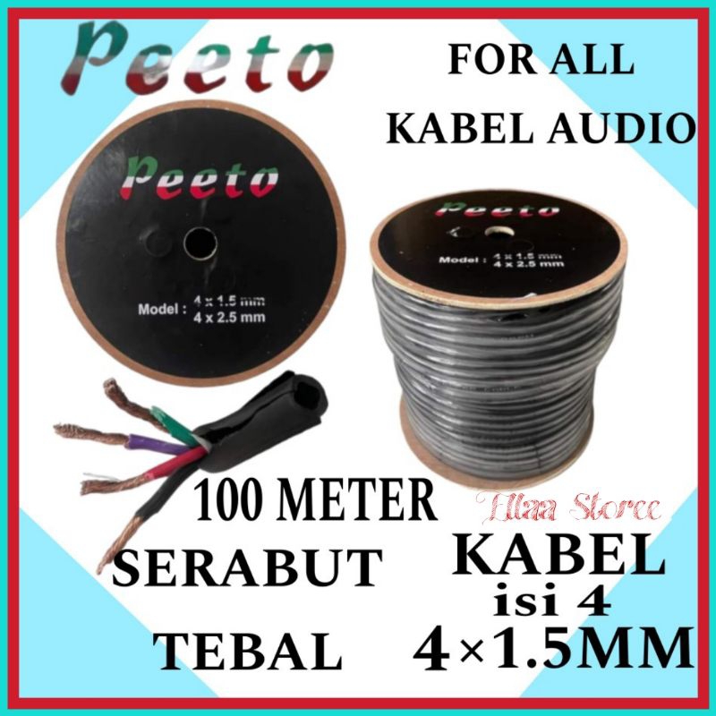 Kabel Speaker Audio PEETO Isi 4 Ukuran 4×1.5MM 100 Meter, 1 Roll