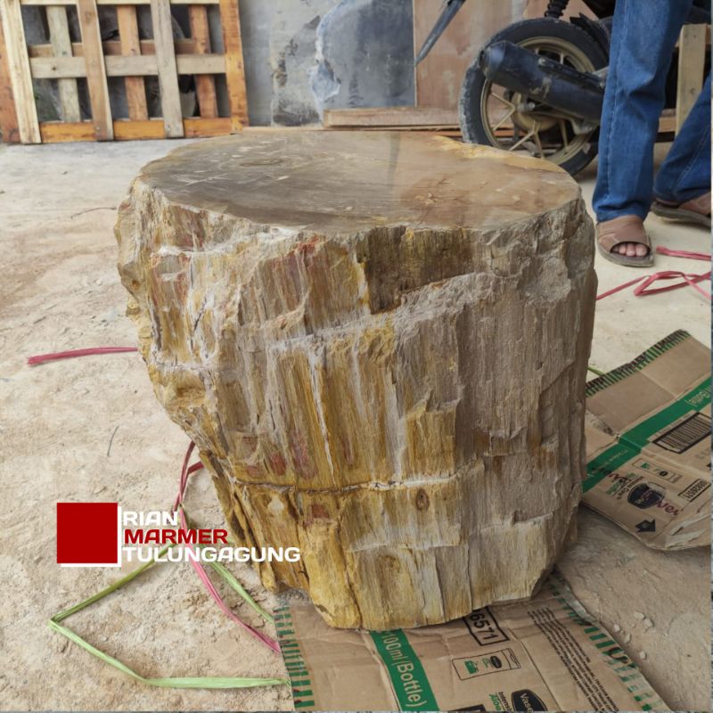Kursi solid bulat natural batu fosil kayu coklat