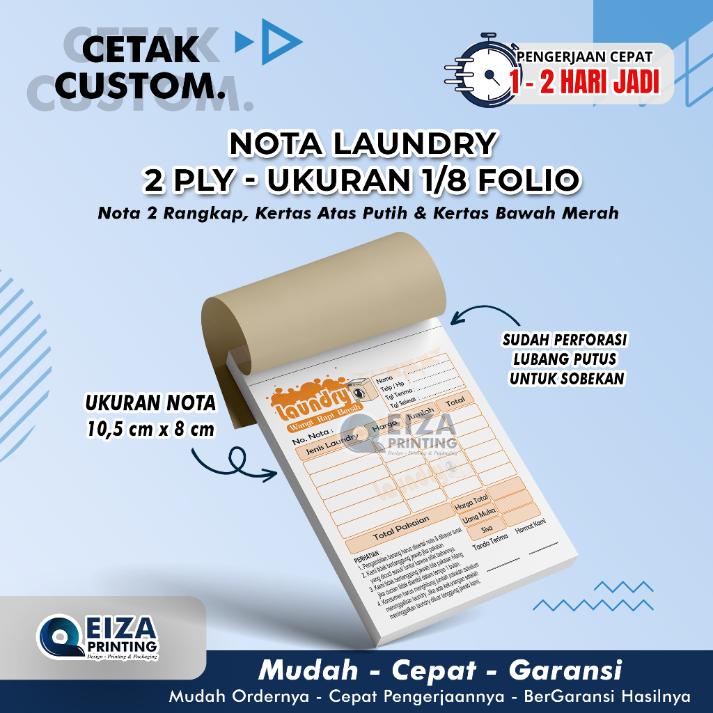 

[Ukuran 1/8 Folio 2 ply] Cetak Nota Laundry 2 ply / Cetak Nota Custom 2 rangkap tembus