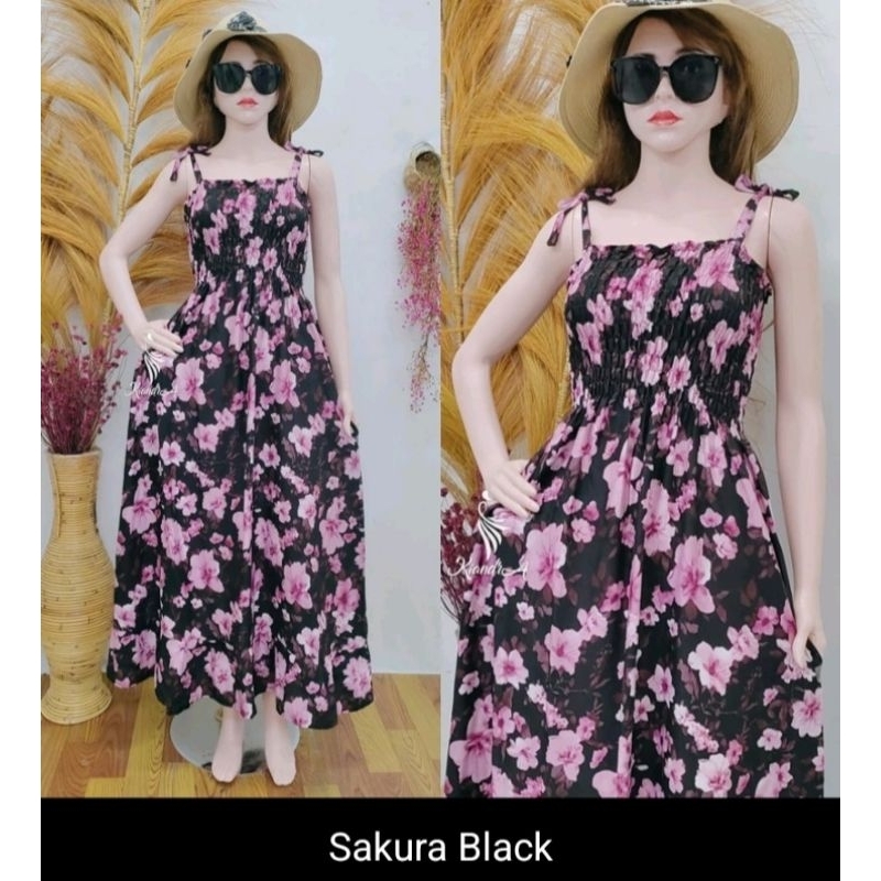(Free gift) Long Dress Luna Motif Sakura bahan rayon/dress kerut tali /best seller/summer dress