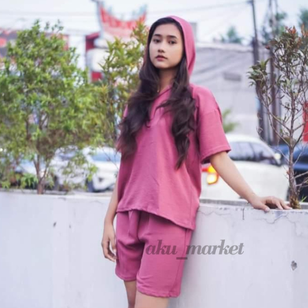 Setelan Pendek Wanita-Oneset Crinkle Hoodie Pendek