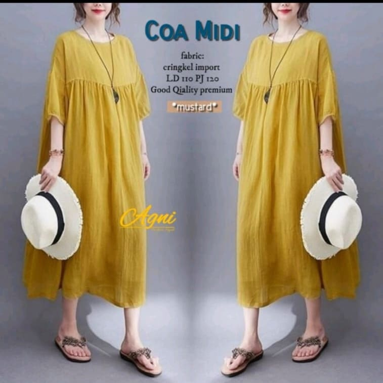 Coa Midi Dress Gamis Tanggung Terbaru Bahan Crinkle Import Baju Muslimah Kasual Polos Busana Harian 