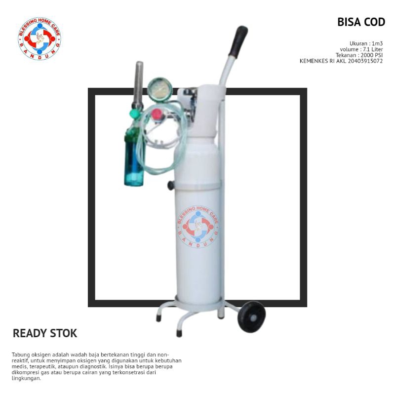 Tabung baru komplit 1m3 isi Oksigen (Oksigen Medis) + Regulator + selang pernafasan +Troly