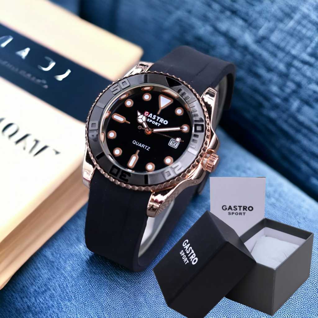 Jam tangan pria Strap karet Gastro analog tanggal aktif ring stainless tahan air original