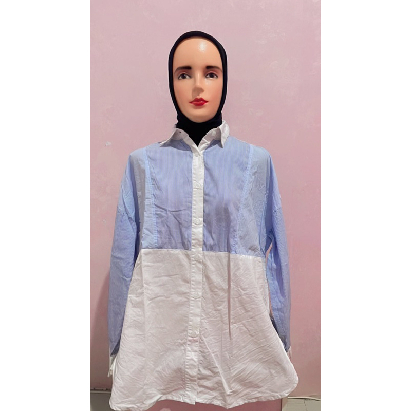 kemeja wanita, atasan wanita, kemeja garis, kemeja kombinasi warna, kemeja putih, kemeja biru, atasa