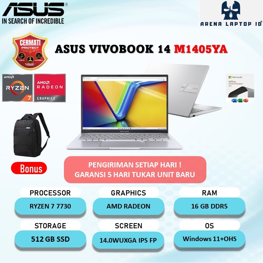 ASUS VIVOBOOK 14 M1405YA RYZEN 7 7730 16GB 512GB W11+OHS 14.0WUXGA IPS FP SLV -VIPS752