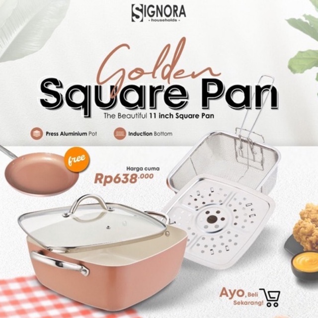 SIGNORA Golden Square Pan | Deep Fry / Kukus / Goreng / Panci Non Stick Technology Anti Lengket Mult