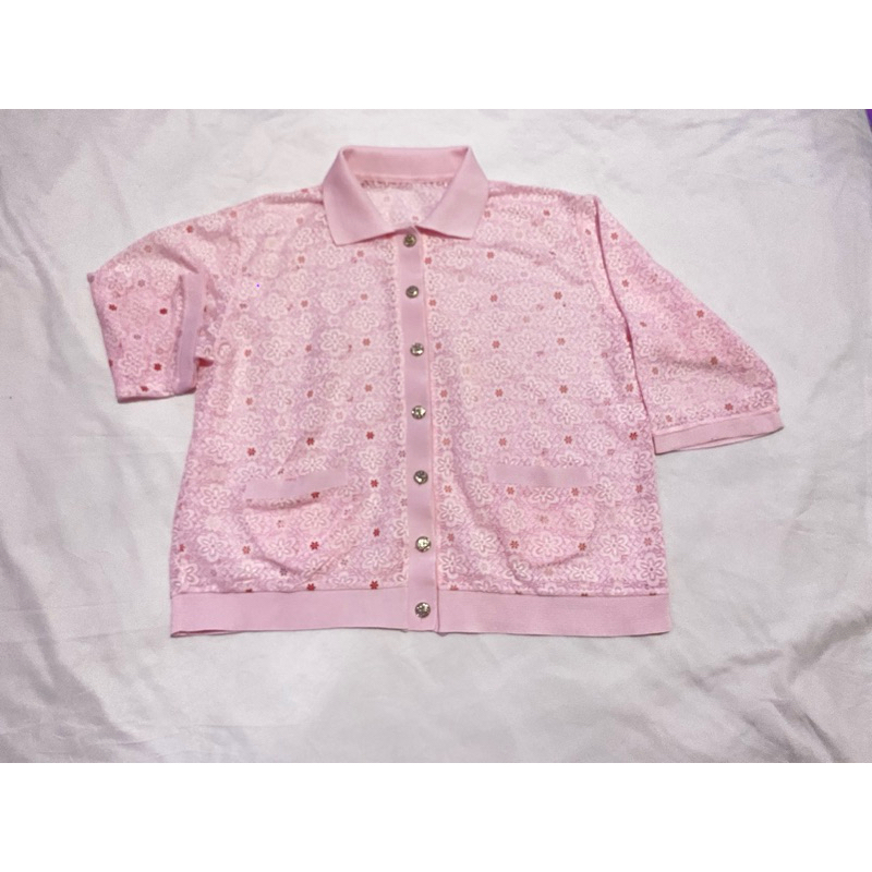 (PL) Atasan Brukat Pink Semi Crop/Atasan Wanita/Atasan Brukat