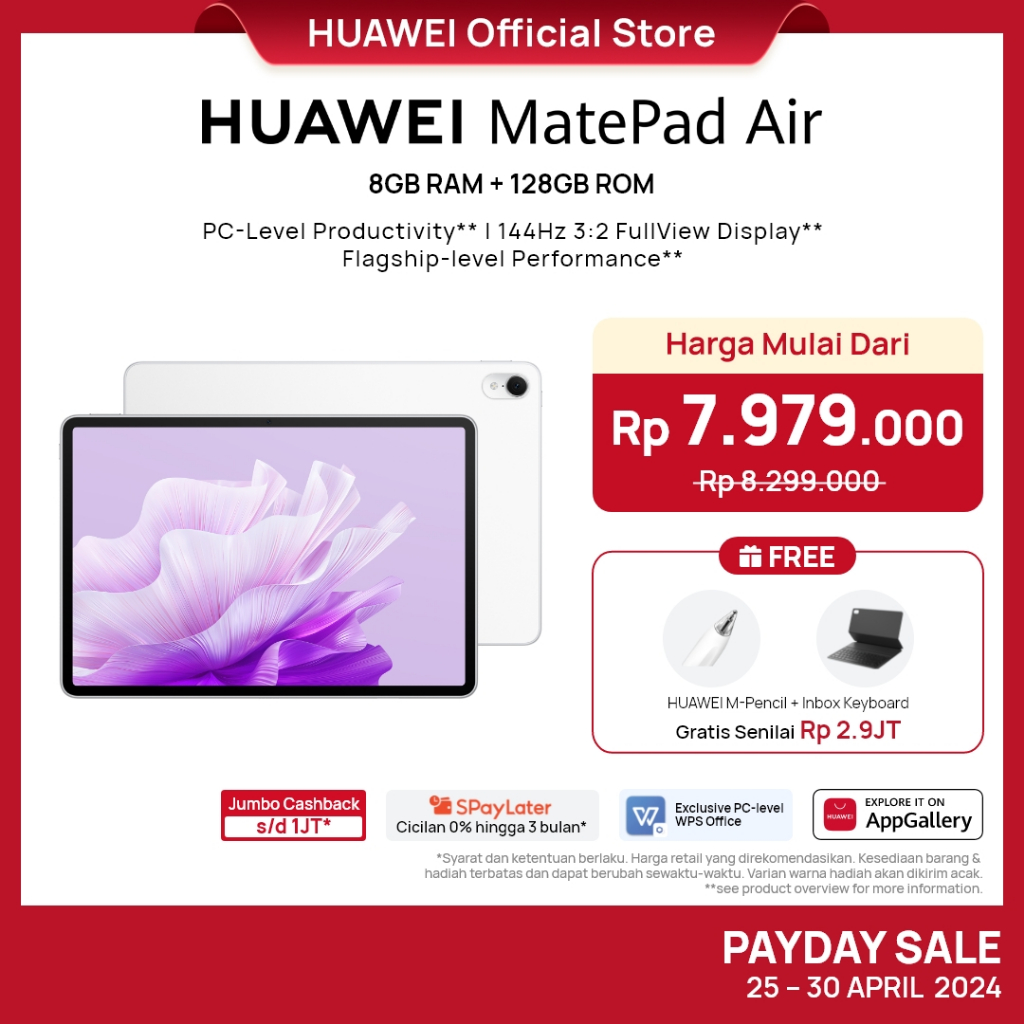 Foto [GRATIS PEN + KB] HUAWEI MatePad Air Tablet [8+128G]| PC-Level Productivity | 144Hz 2.8K 3:2 FullView Display | Flagship-level Performance