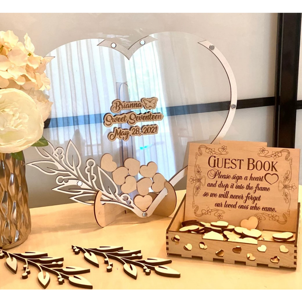 Frame Hati Bunga Custom Guest book Heart Wedding Sign Love Acrylic Kartu Ucapan Pernikahan