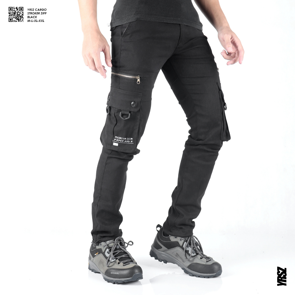 Celana panjang cargo hitam /stroker zipper pants ori YRSZ-gunung-tactical-adventure-streetstyle unis