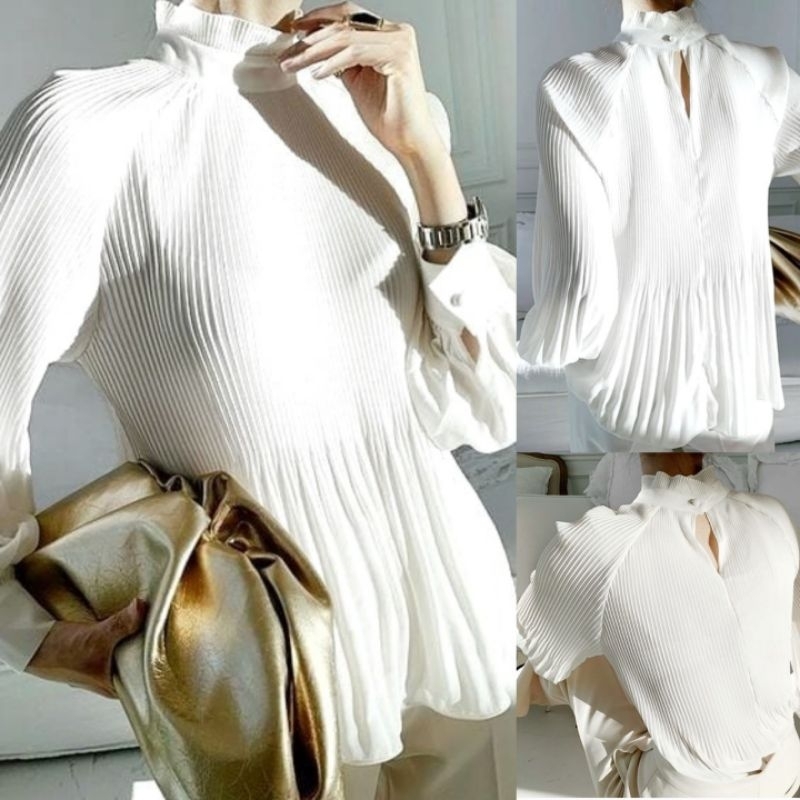 Atasan Top Pesta feminim Impor Pleats White  High Quality LD 72+