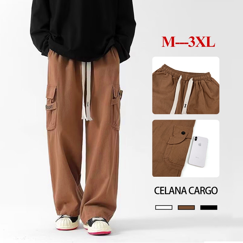 Celana Cargo Panjang Pria cokelat celana Kargo panjang pria hitam Loose Pants celana gombrang pria c