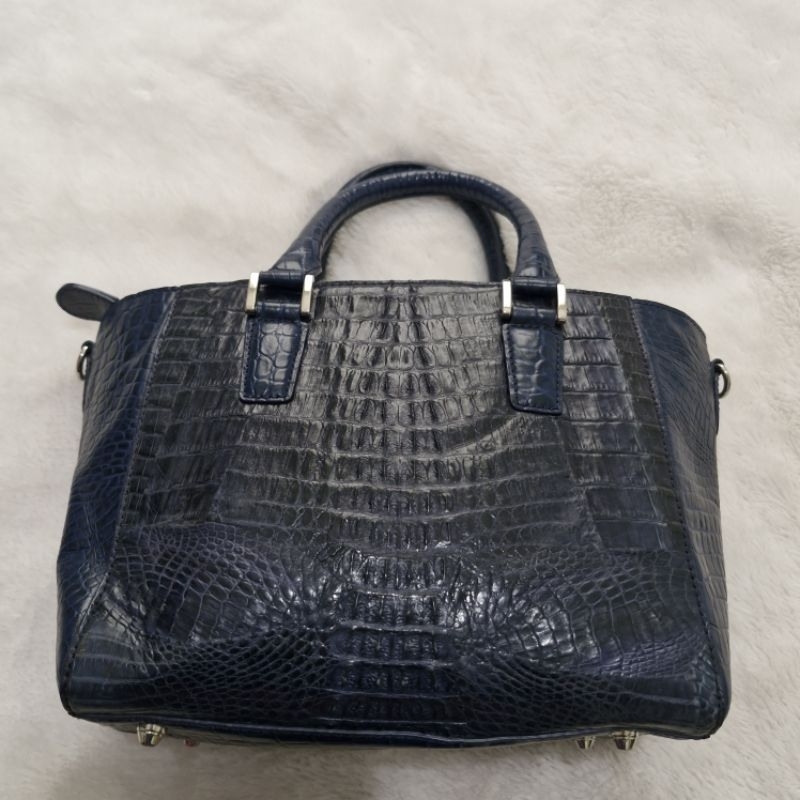 Tas pesta tenteng kulit asli croco Murray Allan England Navy Vintage