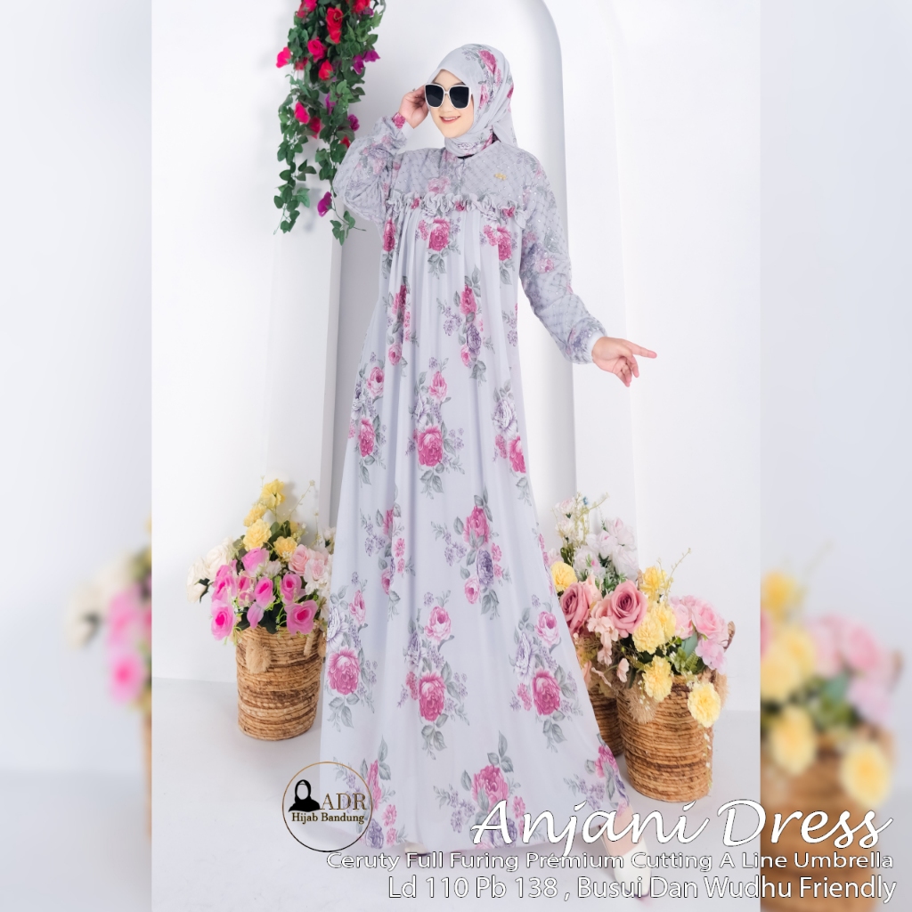 Gamis Anjani 1 Dress Ceruty Print Full Furing Busui dan Wudhu Friendly FREE Kerudung SegiEmpat