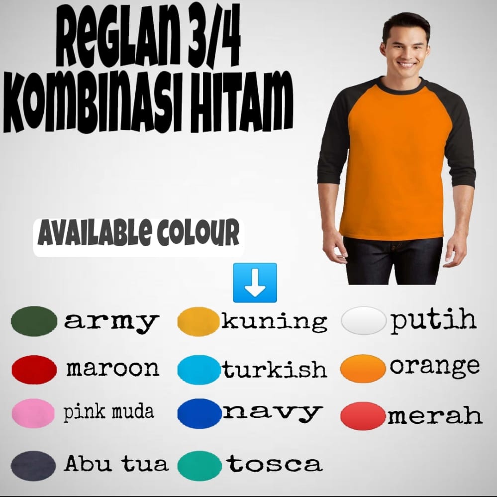 Kaos polos atasan Raglan warna lengan hitam 3/4 | Kaos polos pria wanita Reglan