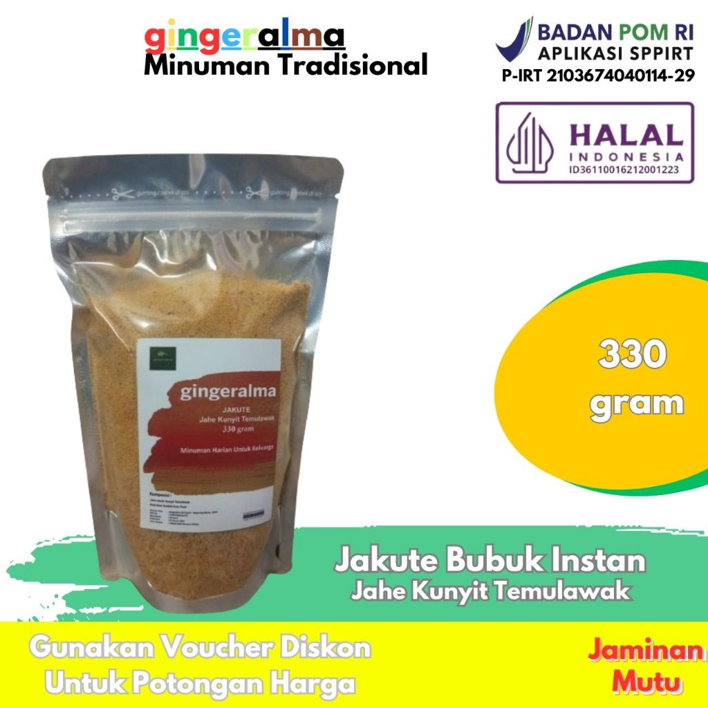 

Jakute Bubuk Instan 330 Gram Jahe Kunyit Temulawak gingeralma