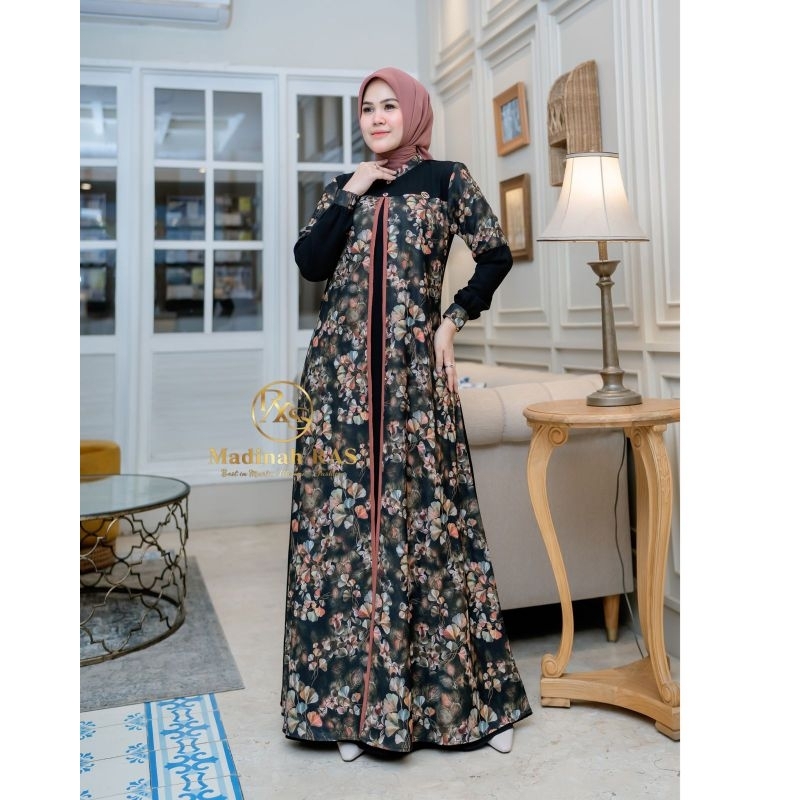 Stevia Dress Gamis Terbaru Madinah Ras  Aswan mix Jetblack ottoman Teksture bahan berserat dan premi