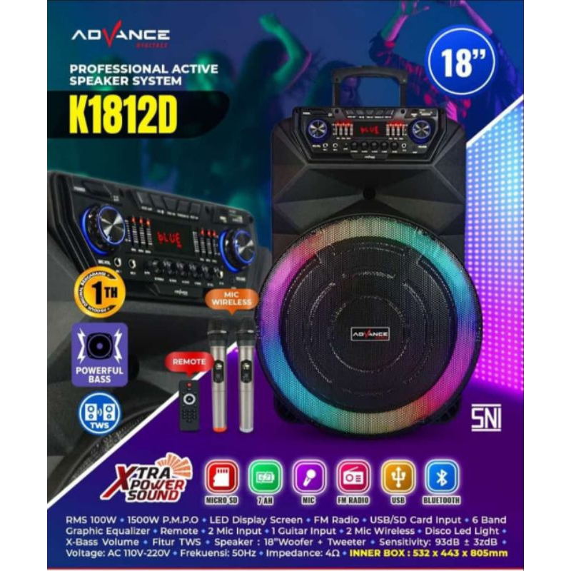 Advance K1812D Speaker Meeting Postable Full Bass Ukuran 18 inch FREE 2 Microphone Wireless