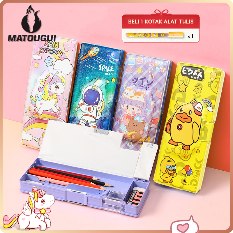 

Matougui Model Kotak Pensil Lucu Pola Kartun Lapisan Ganda dengan Rautan