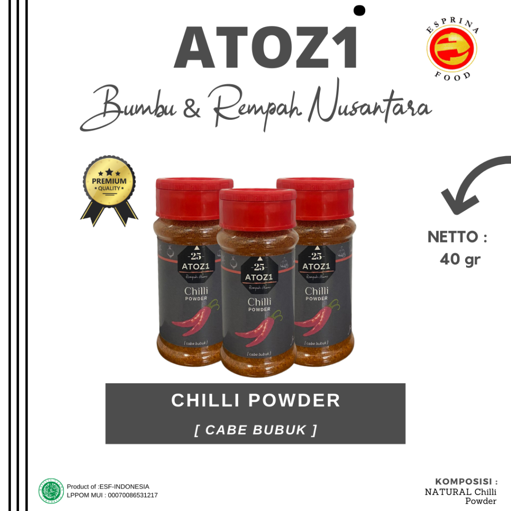 

Chilli Powder - Cabe Bubuk - PREMIUM - SUPER HOT - ATOZI - Kemasan botol 40 gram