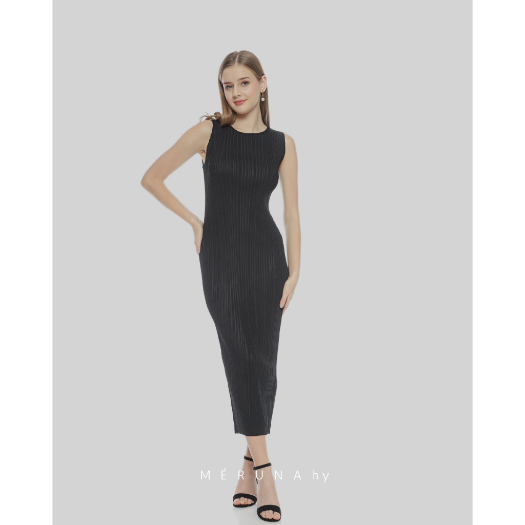 MÉRUNA - Black Nuna Dress / Dress Wanita Maxi Plisket / Baju Plisket / Dress Pleats