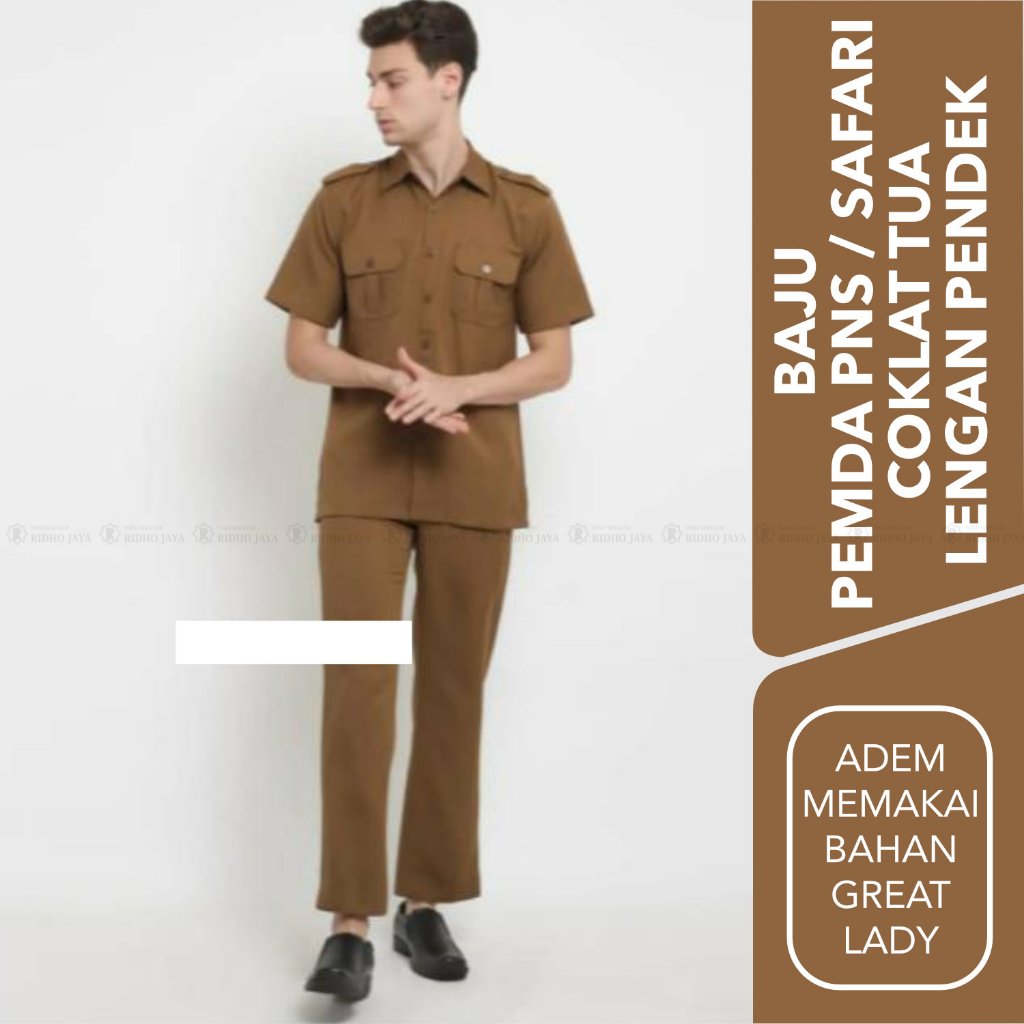 RIDHO JAYA - Seragam PNS/PEMDA Seragam SAFARI PRIA / Lengan Pendek Coklat Tua