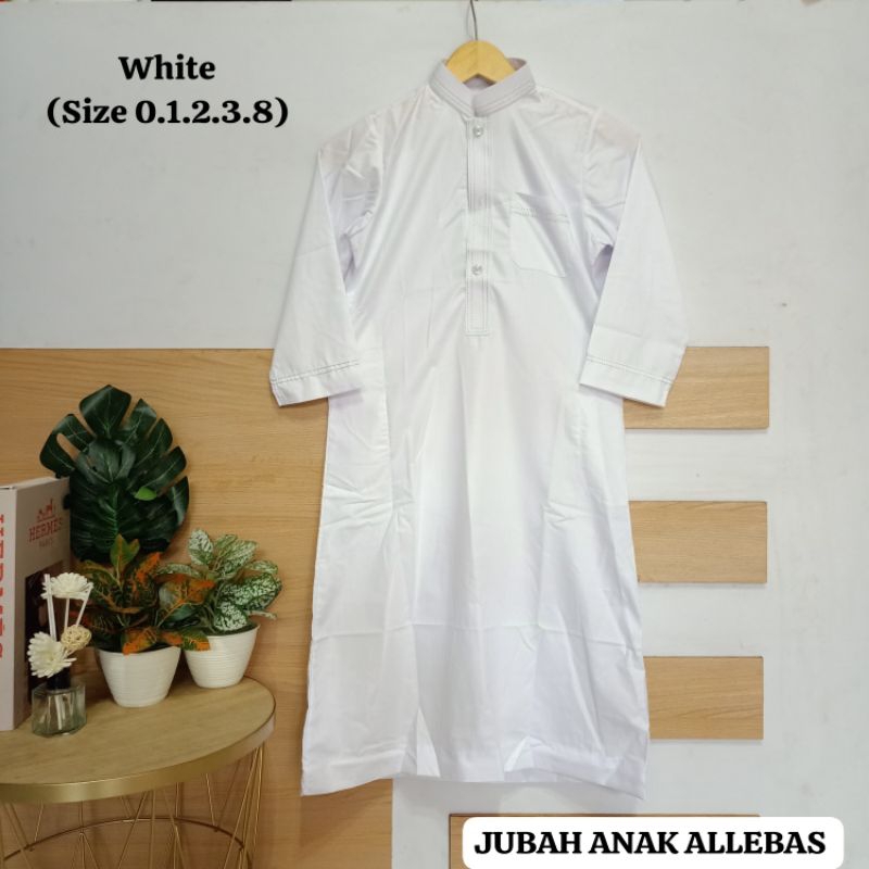 ALLEBAS Jubah Anak Warna Putih Bahan Katun Lembut Size 0,1,2,3
