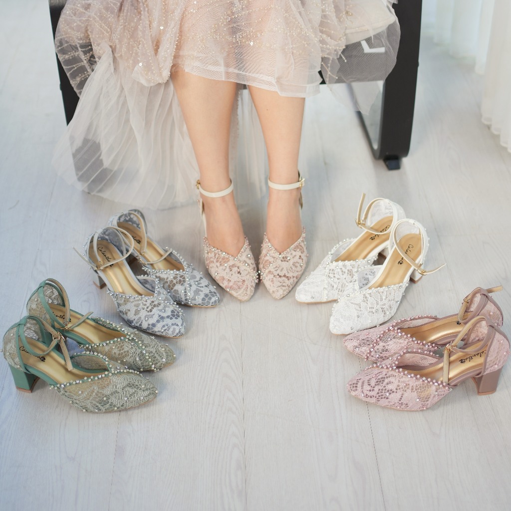 Deu_Calantha Sepatu Pesta Wanita Wedding Shoes Ankle Strap Olive Heels 7 Cm Berbahan Brokat Insole E