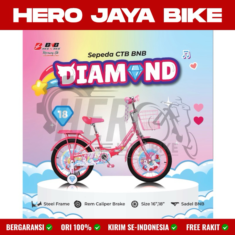 Sepeda Lipet Anak Perempuan BNB DIAMOND RABBIT Uk 12 16 & 18Inch Keranjang Anak Terbaru
