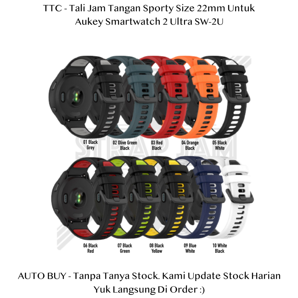 TTC 22mm Tali Jam Aukey Smartwatch 2 Ultra SW-2U - Strap Olahraga Silikon Sporty Two Tone