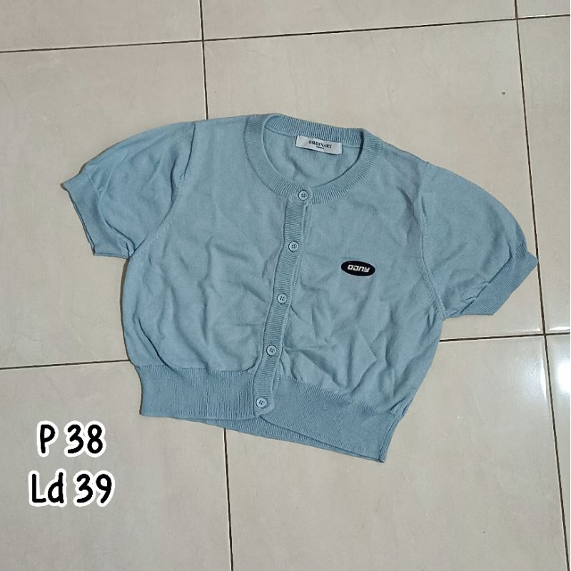 PL - cardigan wanita biru rajut lengan pendek luaran outter knit bolero atasan crop top pakaian