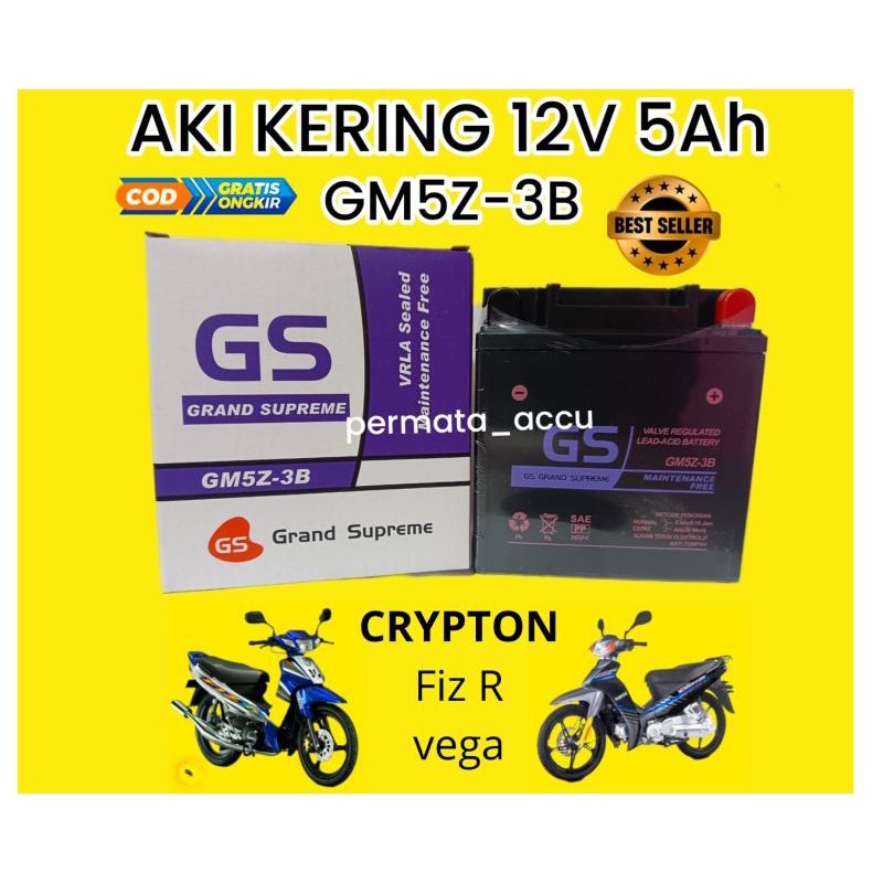 Aki kering motor Yamaha Fiz R, Sigma, Crypton,,aki kering GS grand Supreme GM5Z-3B 12volt 5Ah