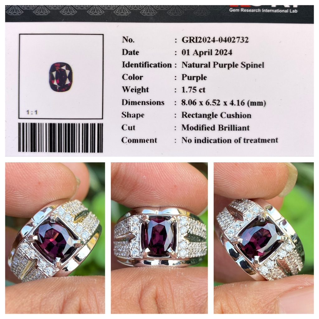 Natural 1.75ct deep purple spinel top luster memo gri