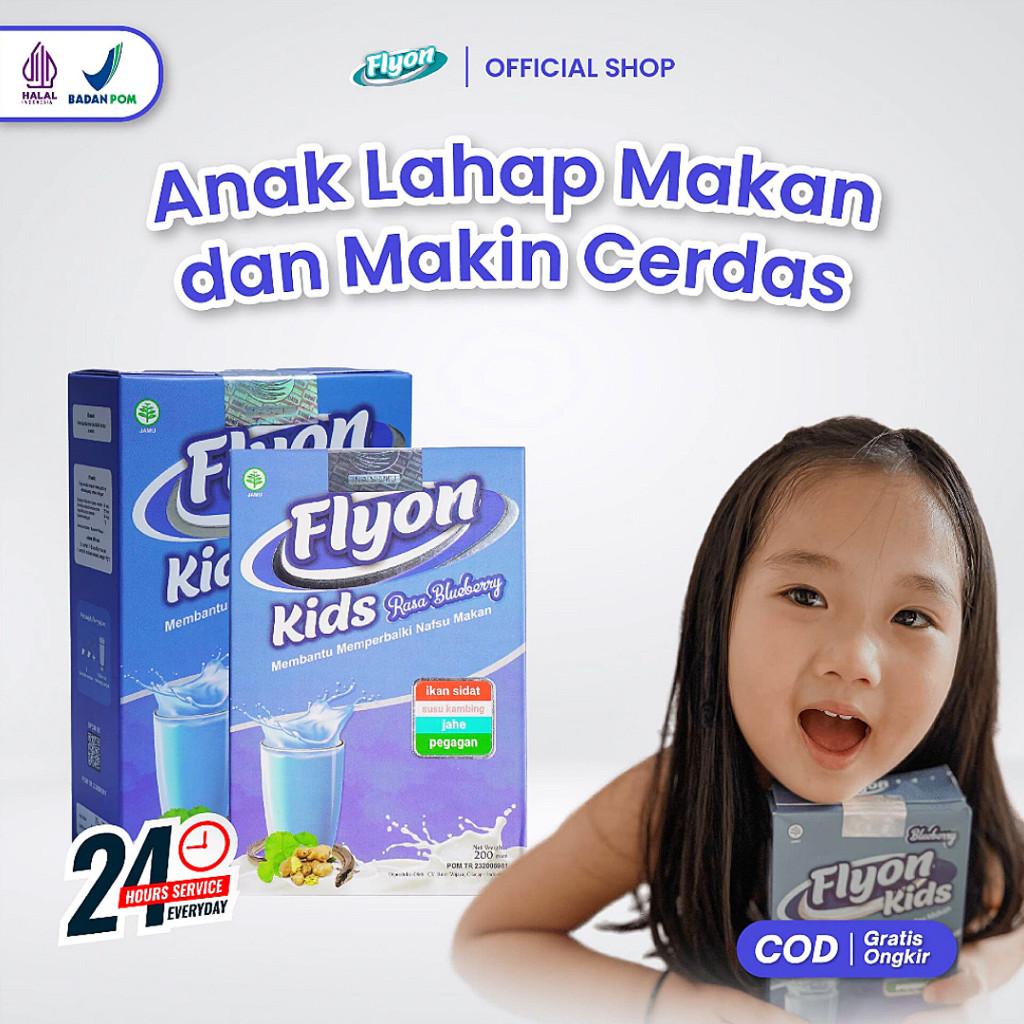 

Susu FLYON KIDS 1 Box isi 200 Gram Susu Penggemuk Badan Penambah Berat Badan Nafsu Makan Anak Sehat Berisi Vitamin Nutrisi Gizi BB Booster Weight Gainer Susu Kambing Etawa Ikan Sidat Jahe Pegagan Blueberry BPOM HALAL