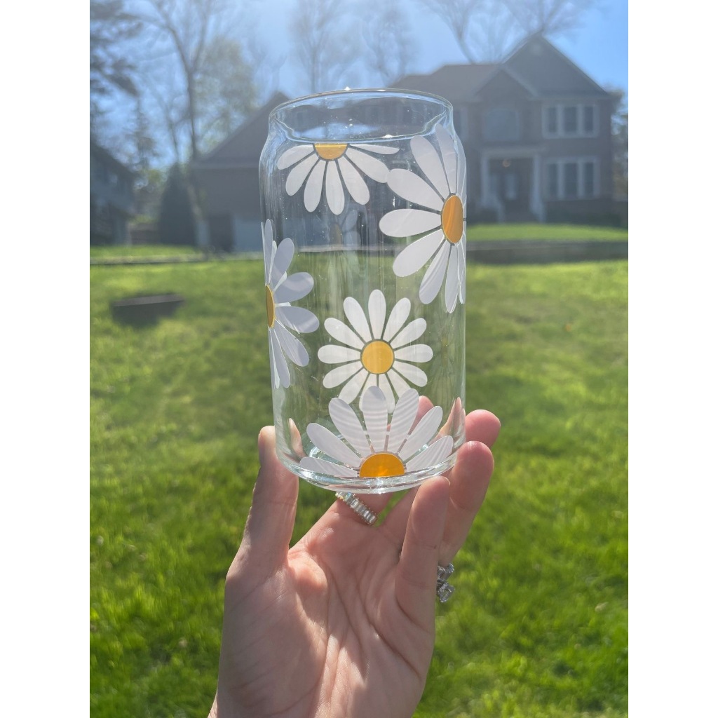 gelas kaca aesthetic | gelas minum korea | gelas stiker decal daisy | gelas motif bunga