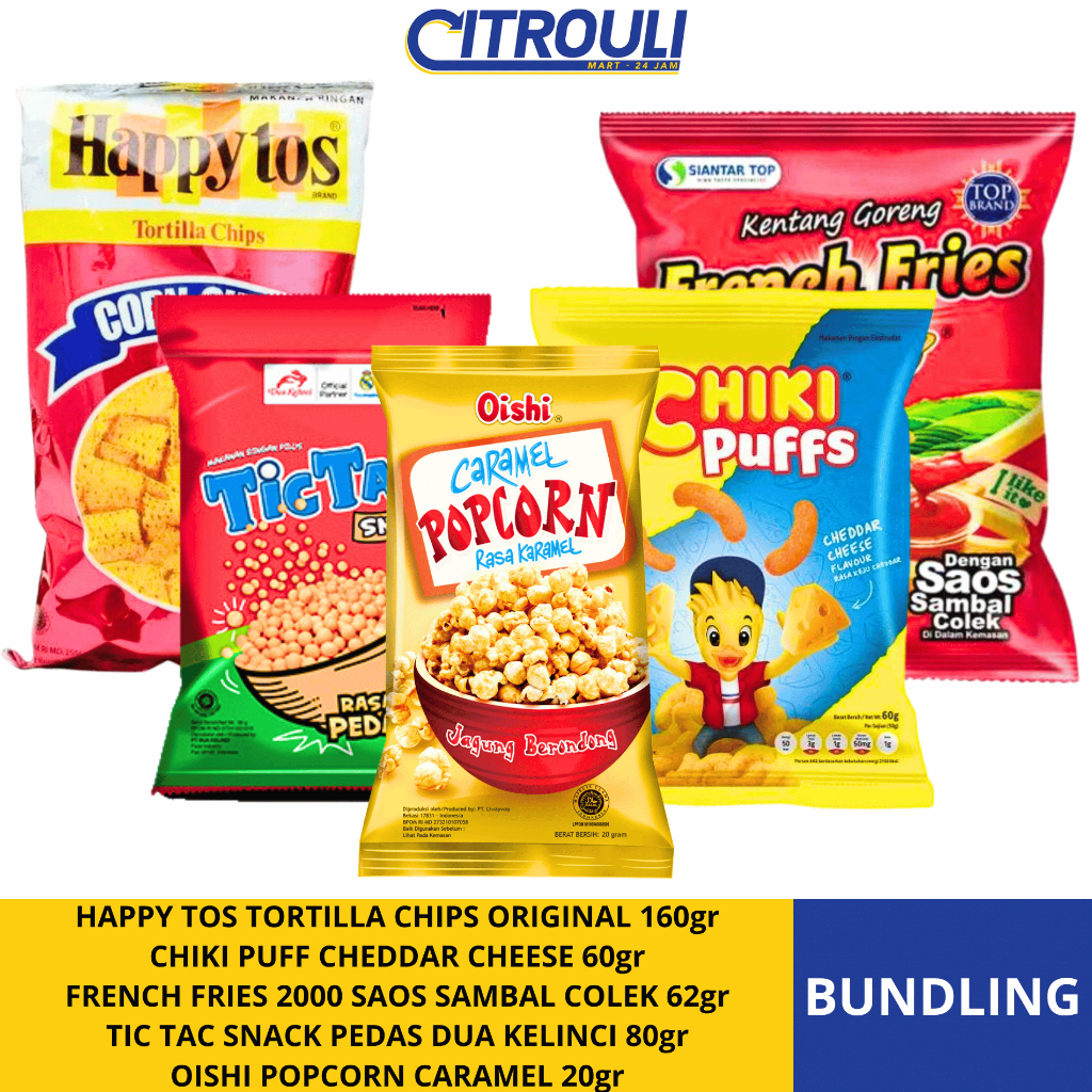 

BUNDLING SNACK 4 (HAPPY TOS,CHIKI PUFF,FRENCH FRIES,TIC TAC,OISHI)