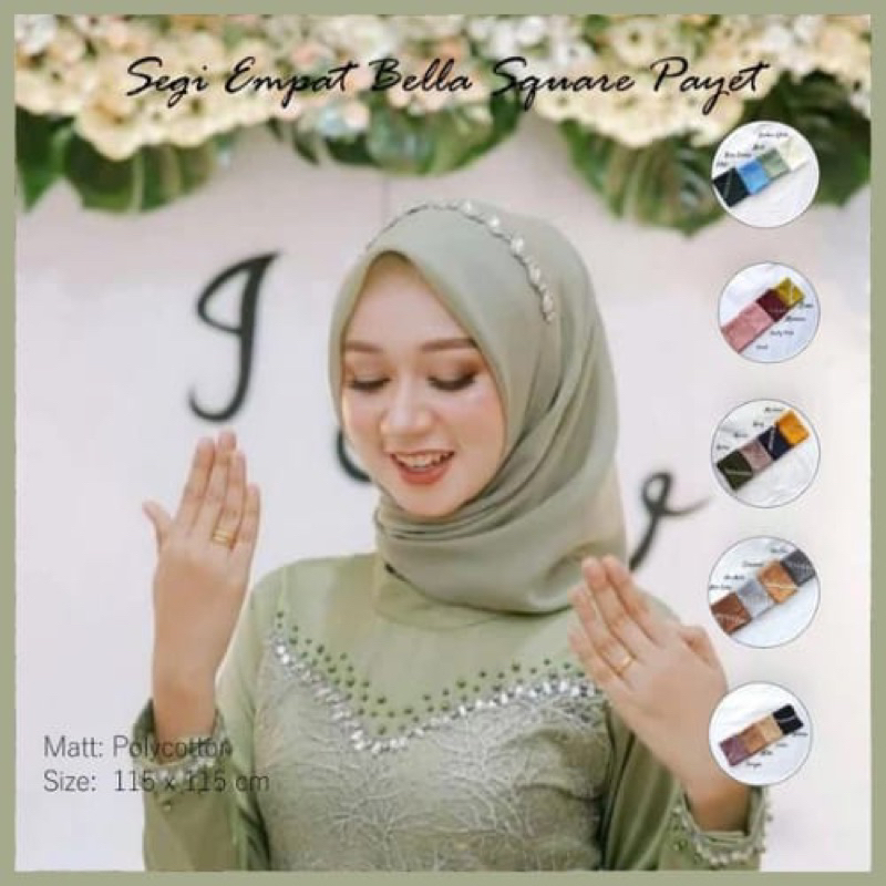 HIJAB SEGIEMPAT PREMIUM BELLA SQUARE  PAYET BANDO MOTIF DAUN WARNA SAGE GREEN