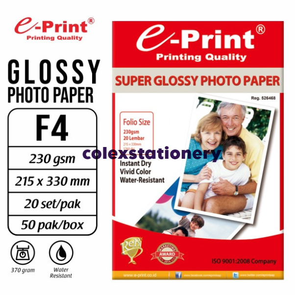 

Supper Glossy Photo Paper / Kertas Foto Glossy Ukuran F4 230gsm Isi 20 Sheets E-print