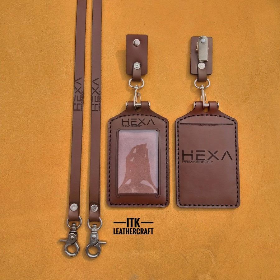 

lanyard id card holder kulit sapi asli custom nama dan logo perusahaan