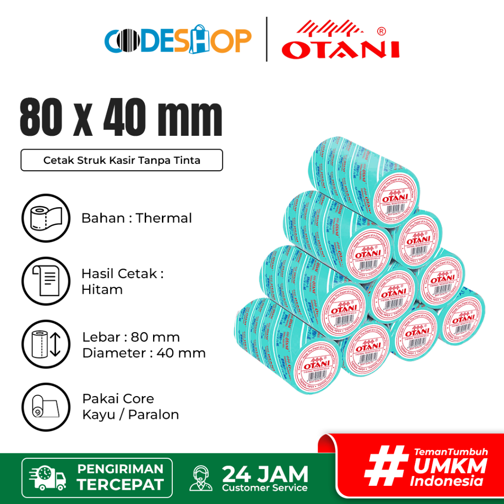

Kertas Termal 80x40mm Otani Cetak Hitam Struk Kasir Coreless 10 Roll