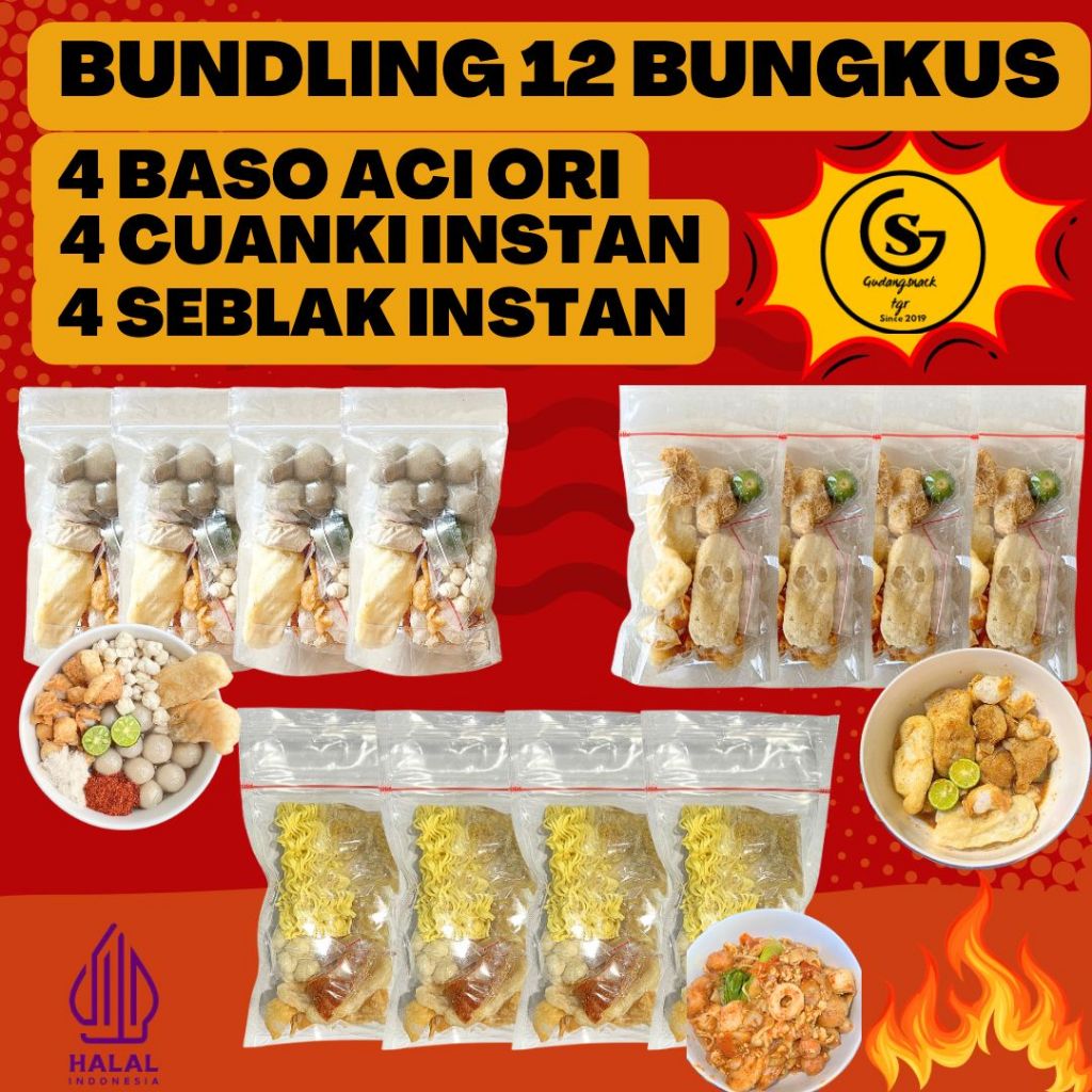 

BUNDLING 12 [ 4 BUNGKUS SEBLAK INSTAN,4 BASO ACI,4 CUANKI INSTAN] Food Kaldu Instan