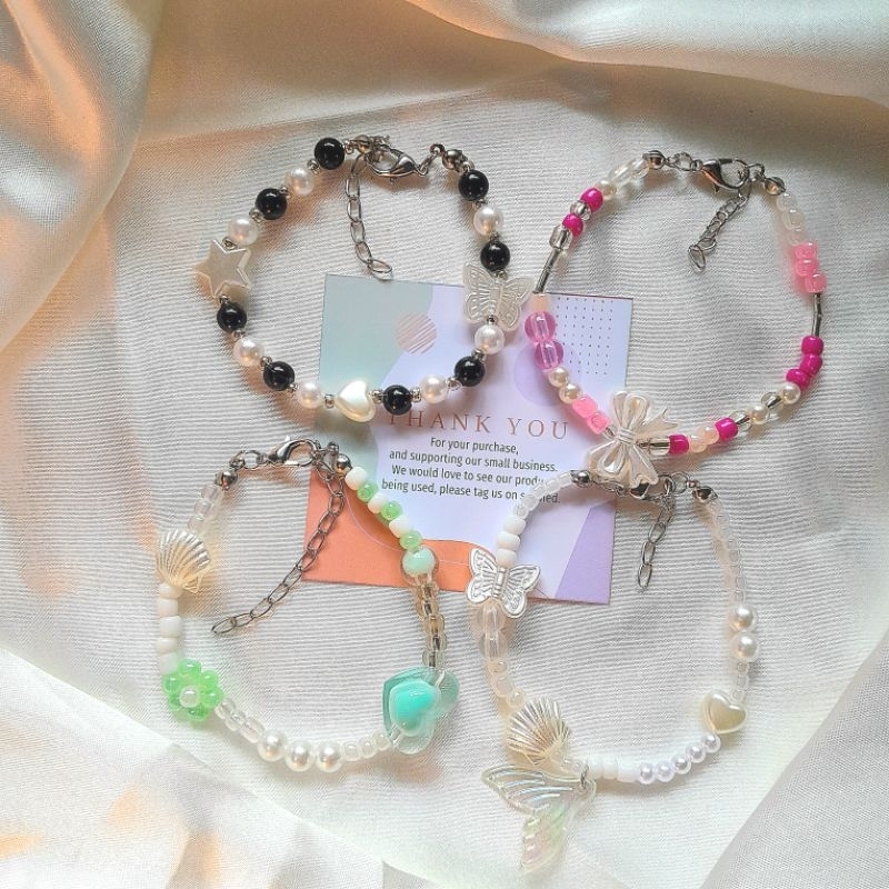 [LV005] Gelang Manik Manik Aestetic | Beads Bracelet Smile Ribbon Rainbow Butterfly Anak | Tali Elas