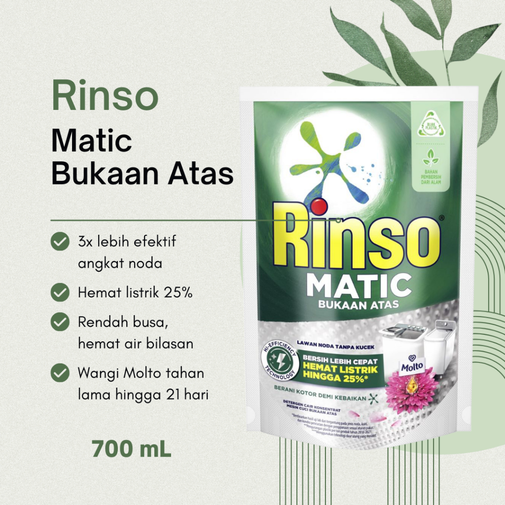 Rinso Detergent Cair Konsentrat Deterjen Matic Mesin Cuci Bukaan Atas 700 mL - Rinso Matic Bukaan At