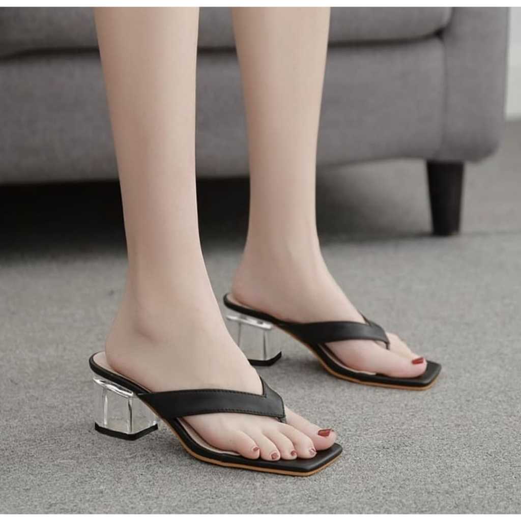 Sasakura Shoes High Heels Sandal Jepit Hak Kaca Tahu Perempuan Wanita Cewek Remaja Dewasa Korean Sty