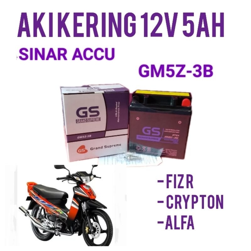 Aki motor fiz r, crypton, alfa aki gs grand supreme gm5z-3b aki kering 12v 5ah