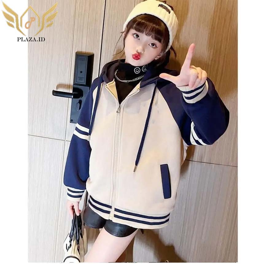 Jaket Varsity Jaket Baseball Cewek Cowok Jaket Berkancing putih navy Hoodie Korean Style Bahan Fleec