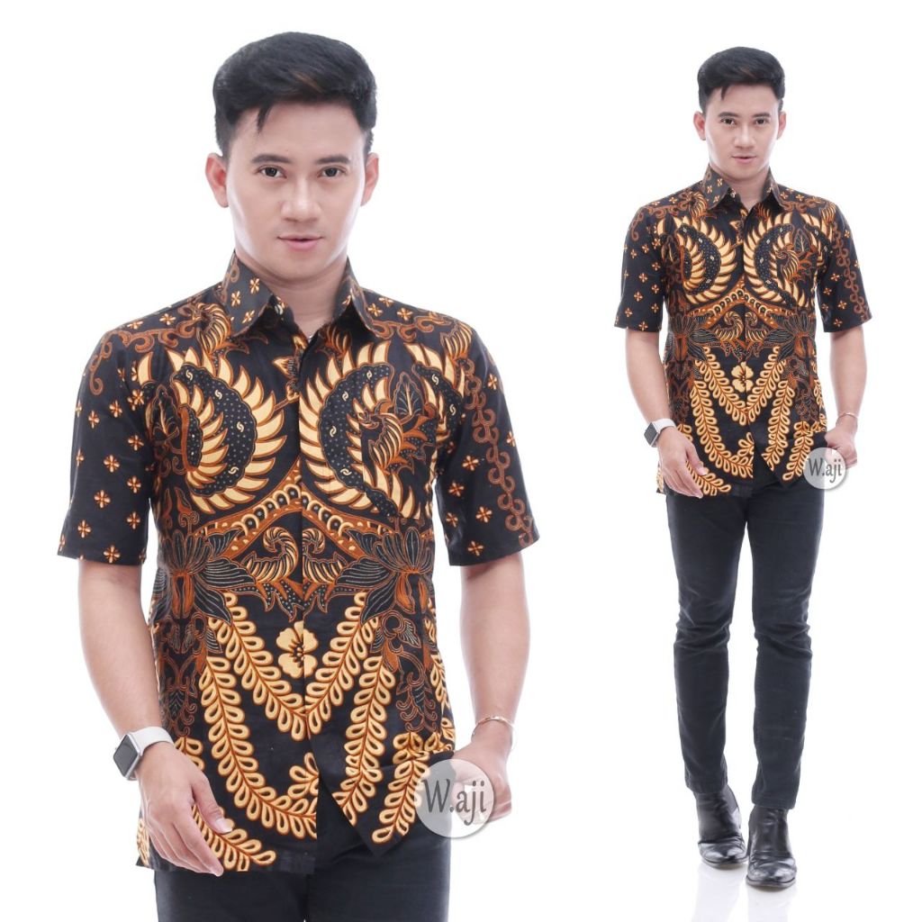 Hem Batik Pria - Motif Kembang Hitam - Warna Hitam Kuning