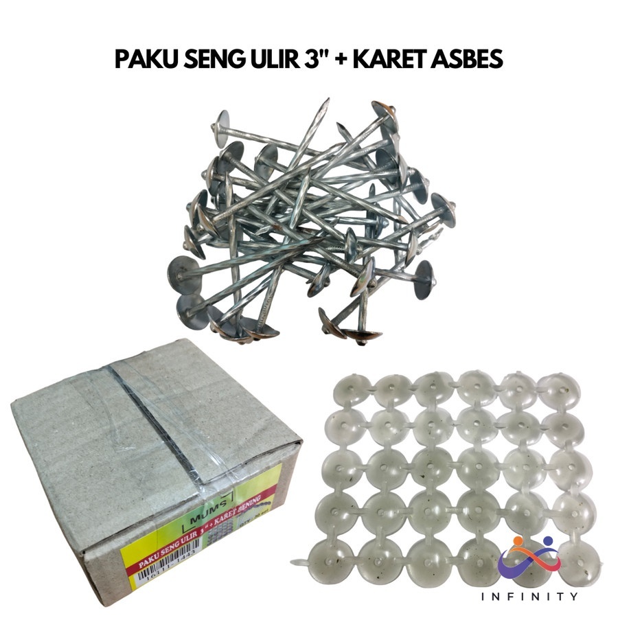 Paket Per 30 Pcs Paku Seng Ulir 3" Inch 7.5cm MUMS + Karet Asbes Bening Transparan / Karet Seng Seal