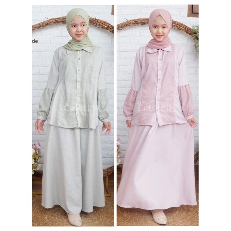 Set Rok Tunik Reeva By Cutetrik Terbaru Setelan Muslim Anak Cewek Polos Warna Pink Dan Hijau Bahan K
